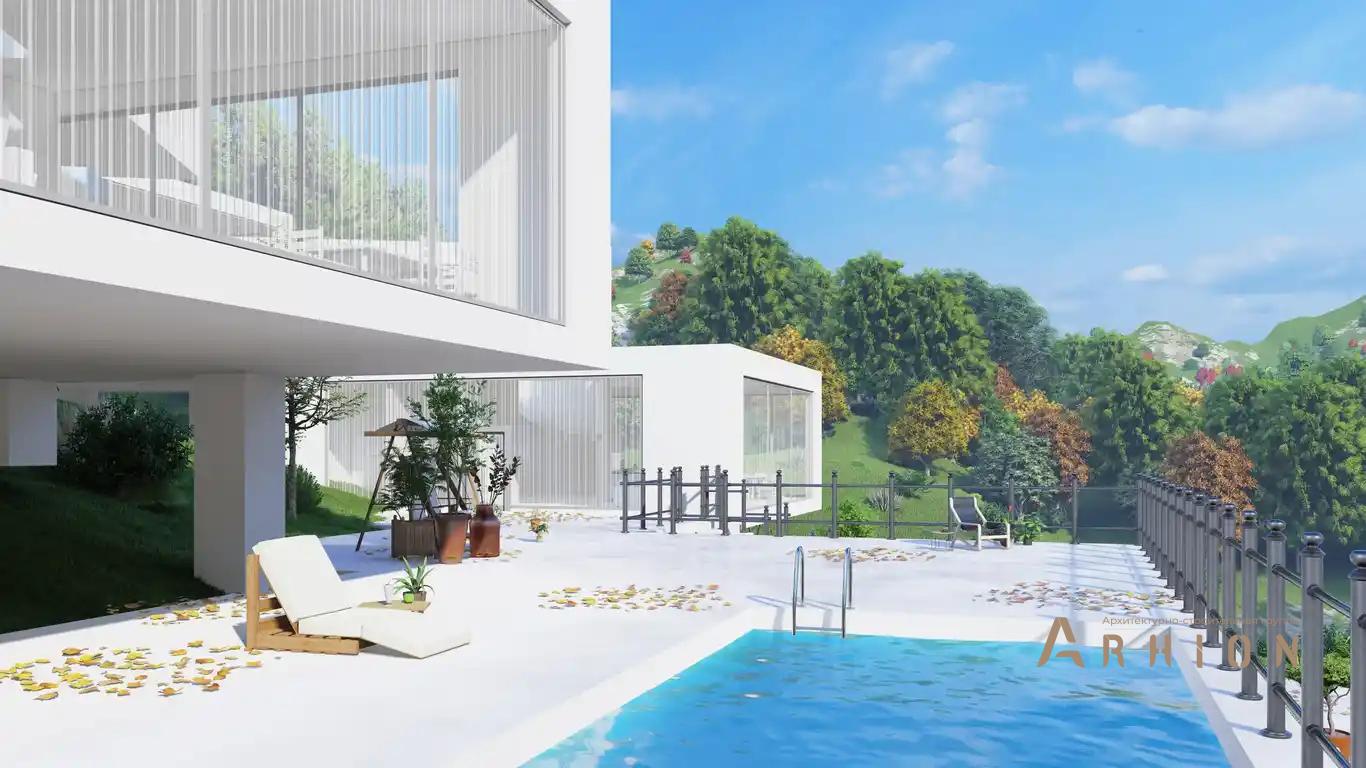 5. Проект трехэтажного дома в стиле хай-тек с плоской кровлей , h-1609, площадью - 750 кв c терассой